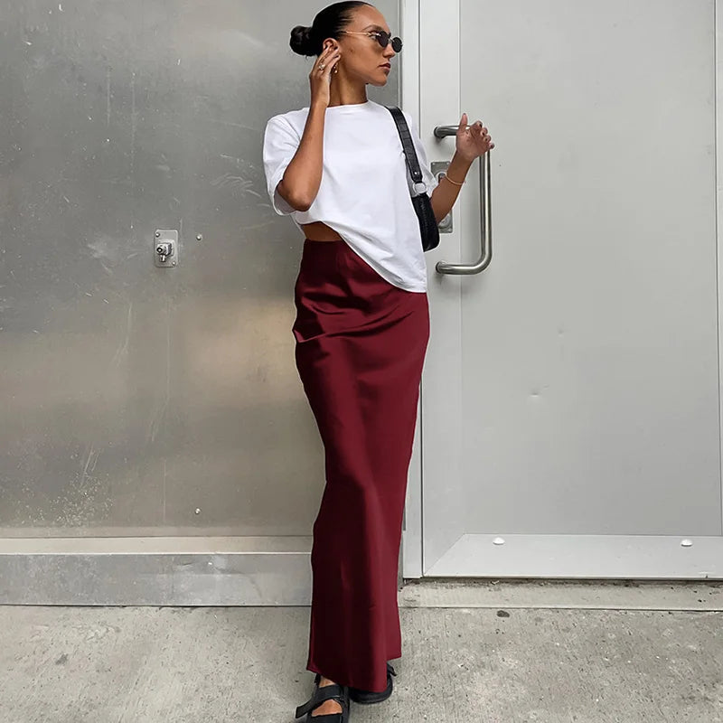Satin Black Trumpet Office Long Skirt