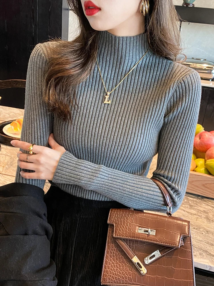 Solid Knit Turtleneck Pullover Sweater