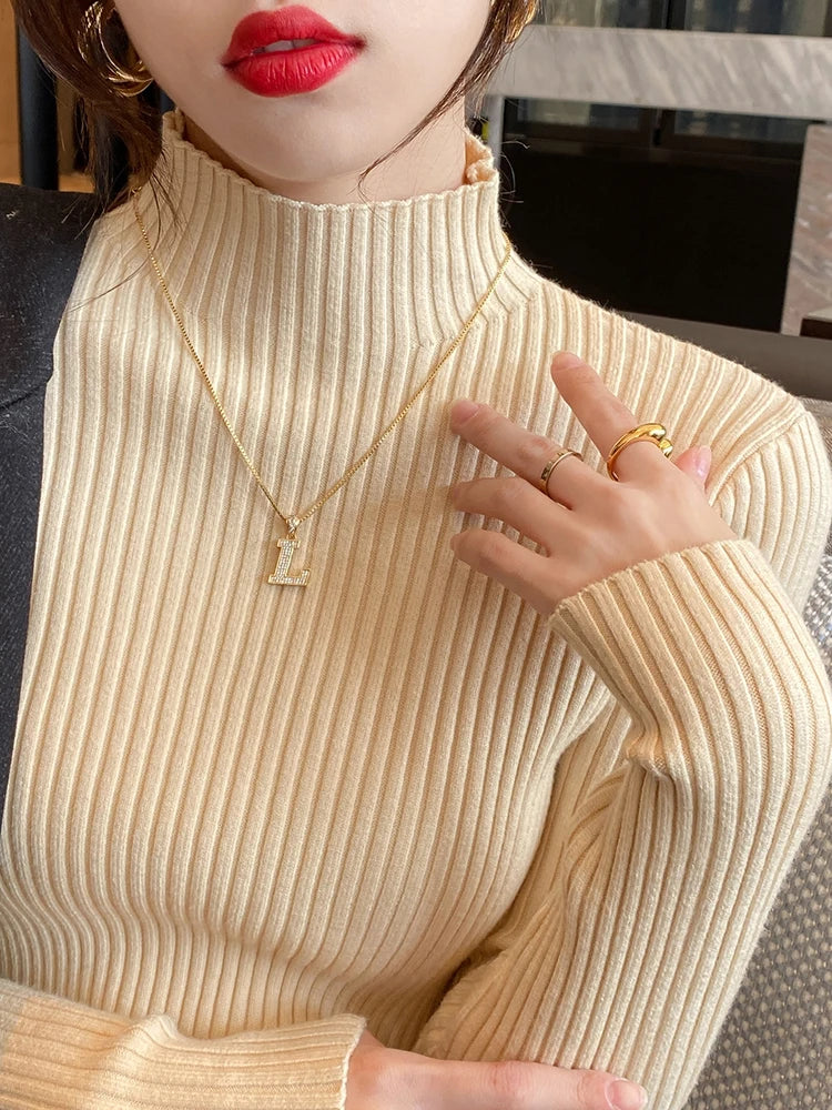 Solid Knit Turtleneck Pullover Sweater
