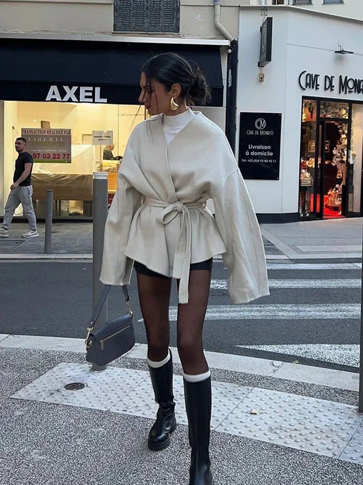 Plain V-neck Tie-up Coat