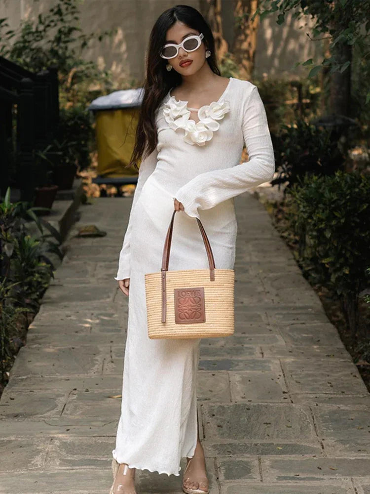 White Flower V-Neck Ruffled Slim Maxi Dress