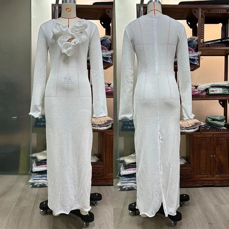 White Flower V-Neck Ruffled Slim Maxi Dress