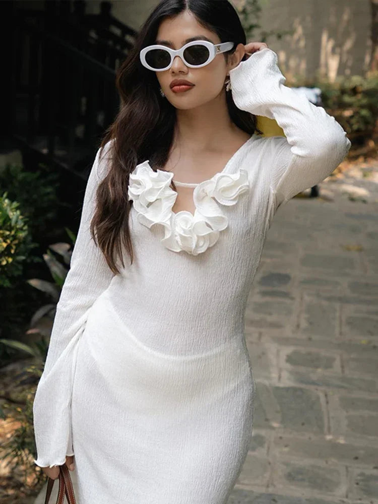 White Flower V-Neck Ruffled Slim Maxi Dress