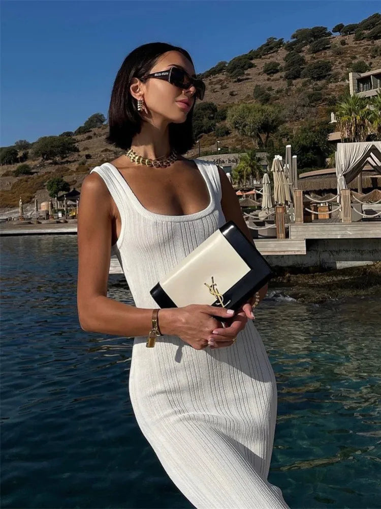 White Knitted Sleeveless Bodycon Casual Midi Dress