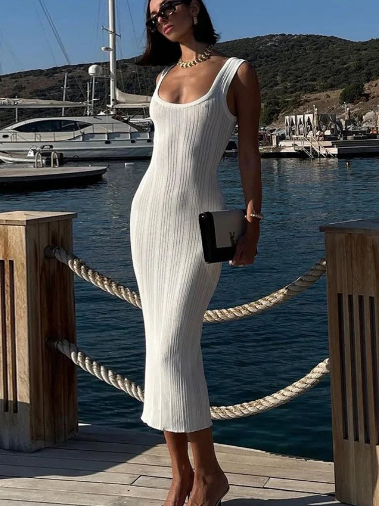White Knitted Sleeveless Bodycon Casual Midi Dress