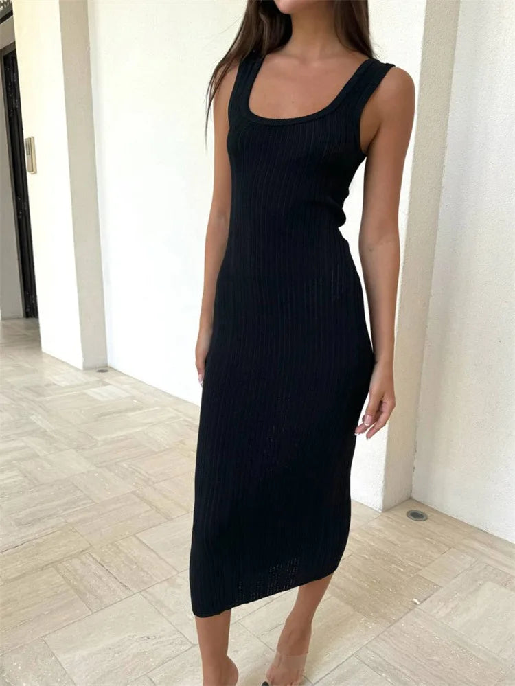 White Knitted Sleeveless Bodycon Casual Midi Dress