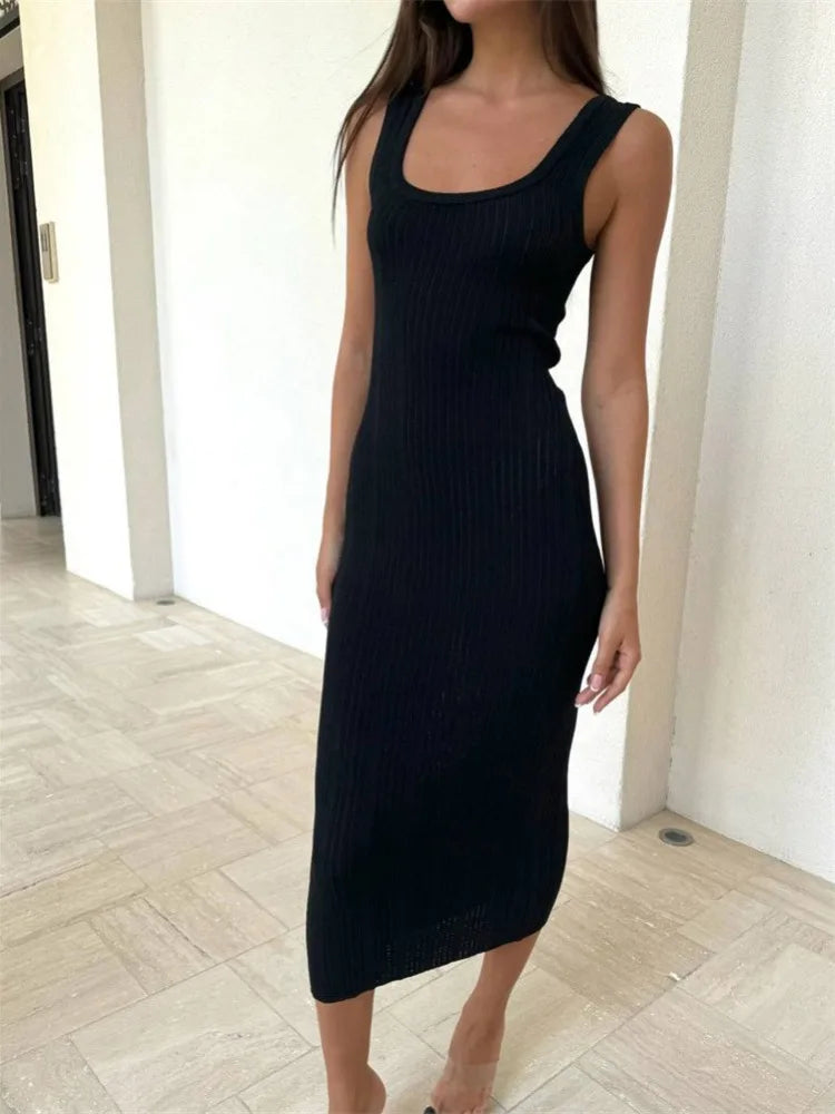 White Knitted Sleeveless Bodycon Casual Midi Dress