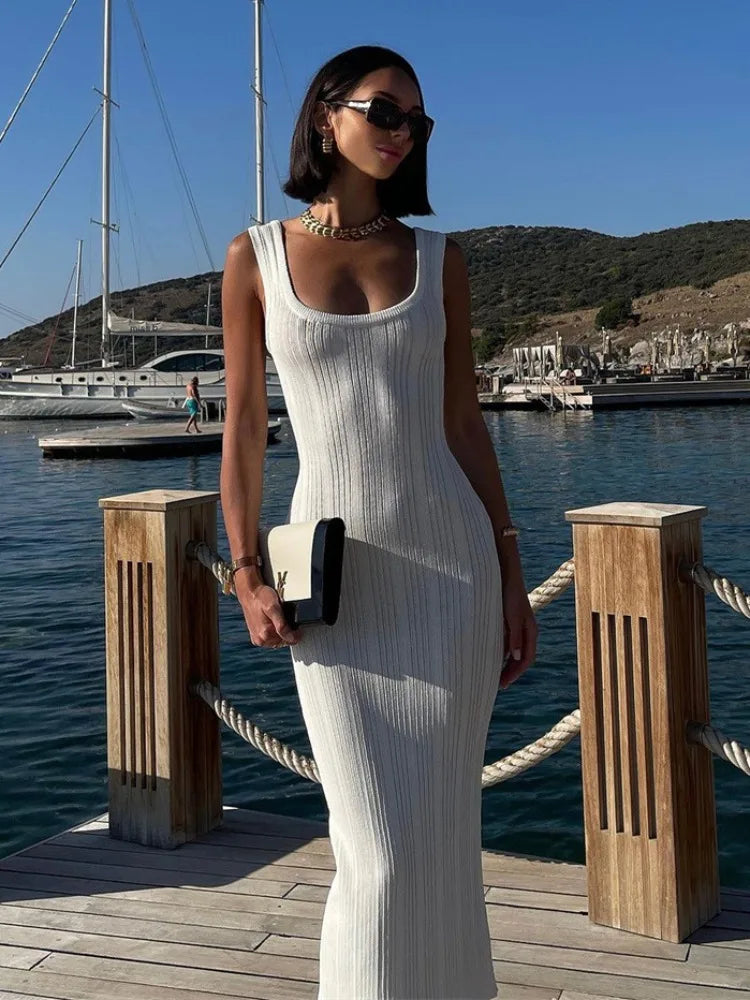 White Knitted Sleeveless Bodycon Casual Midi Dress