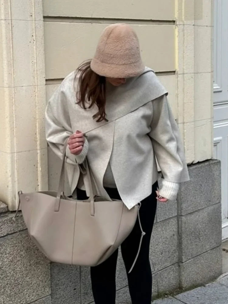 White Wool Coat with Scarf Collar