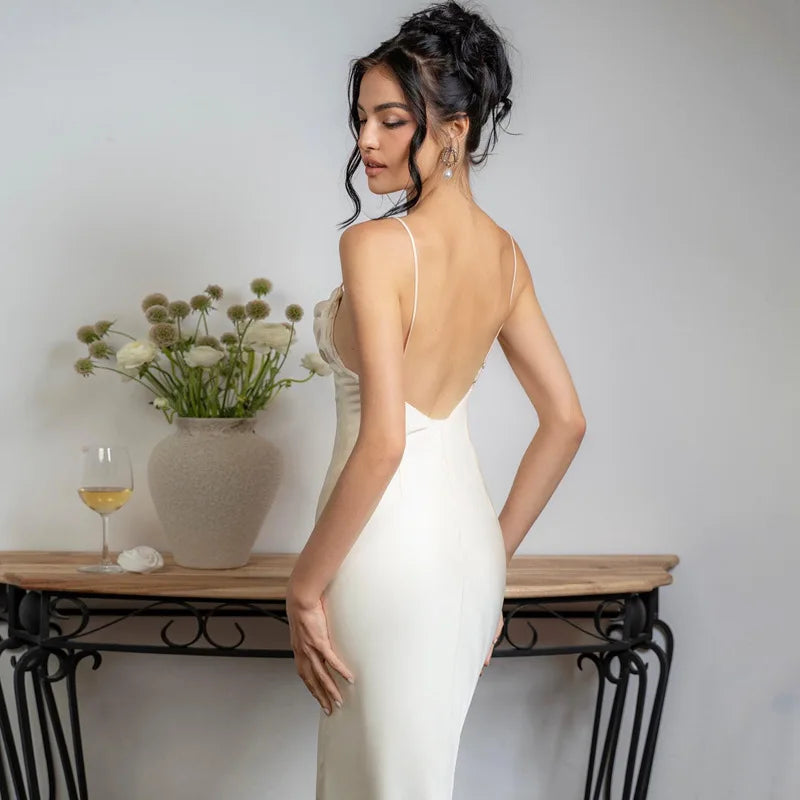 White Satin Spaghetti Strap Backless V-Neck Maxi Dress