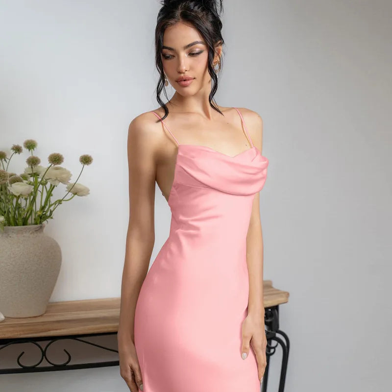 White Satin Spaghetti Strap Backless V-Neck Maxi Dress