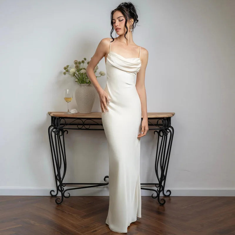 White Satin Spaghetti Strap Backless V-Neck Maxi Dress