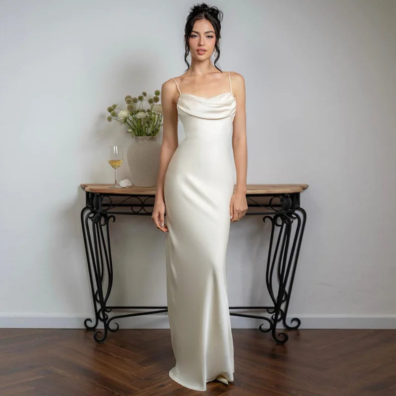 White Satin Spaghetti Strap Backless V-Neck Maxi Dress