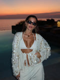White Sequin Lace-up Coat