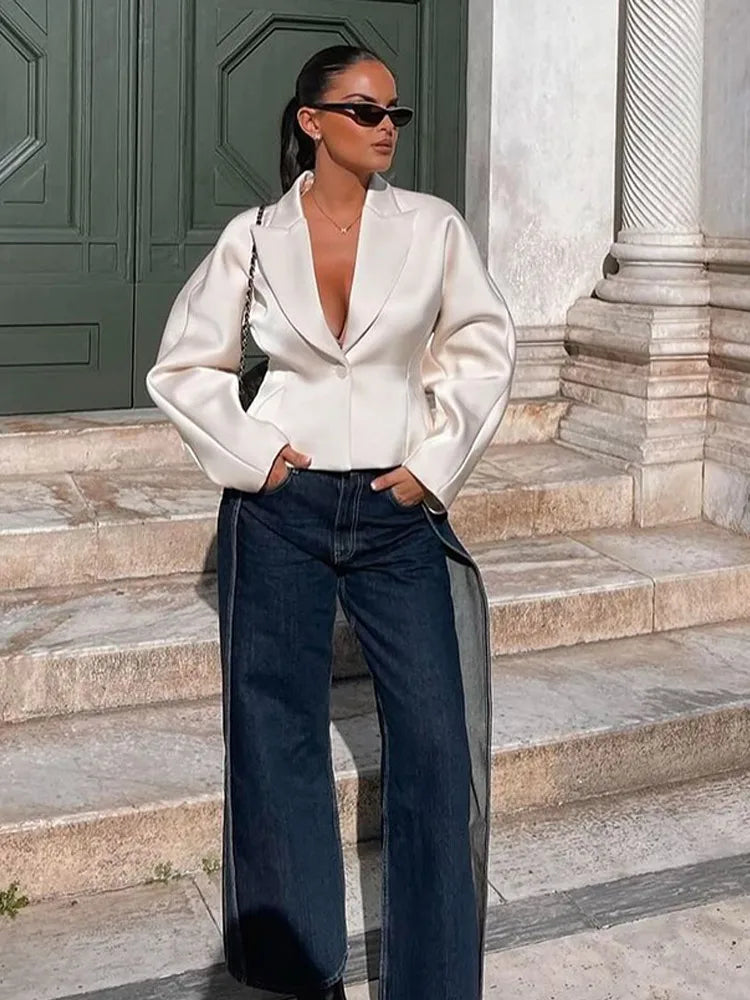 White V-neck Blazer Mini Coat