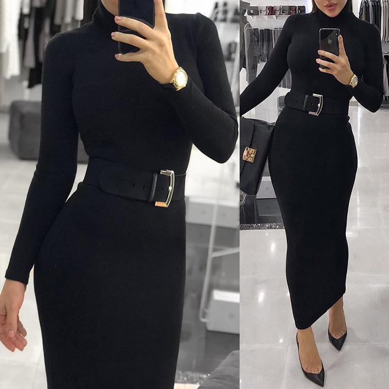 Turtleneck Long Sleeve Chic Midi Dress