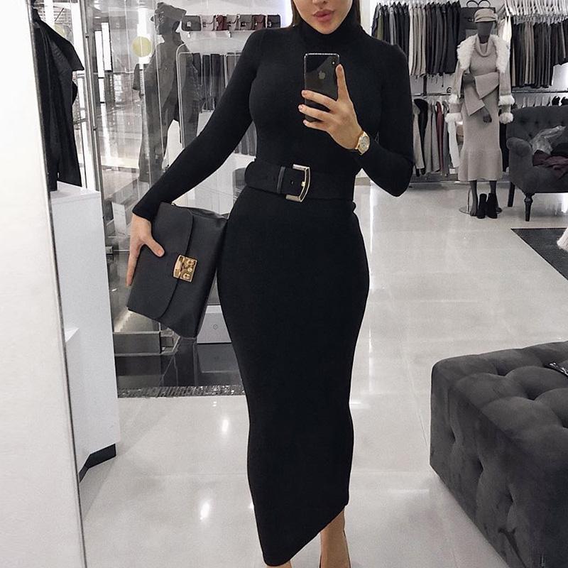 Turtleneck Long Sleeve Chic Midi Dress