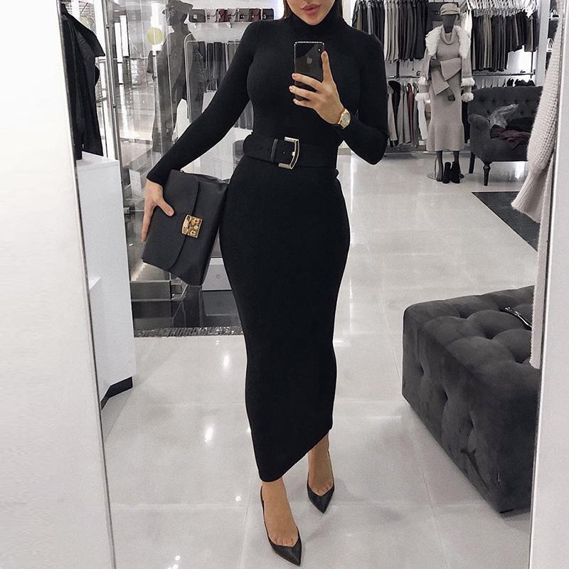 Turtleneck Long Sleeve Chic Midi Dress