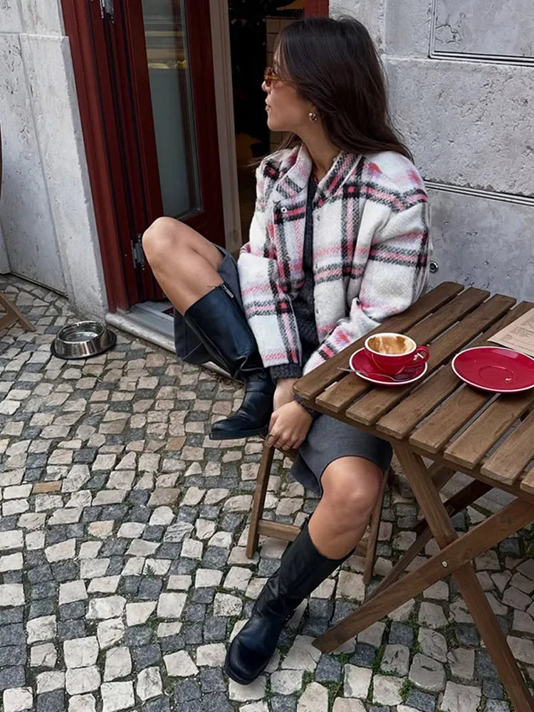 Large Checked Woolen Bomber Coat