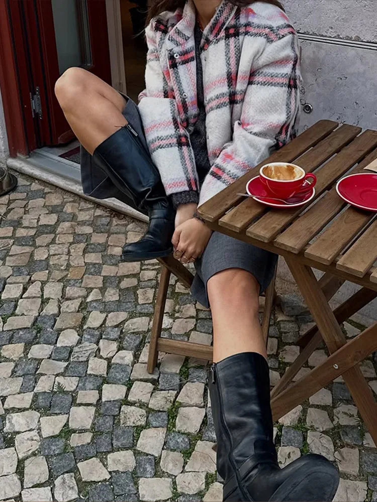 Large Checked Woolen Bomber Coat