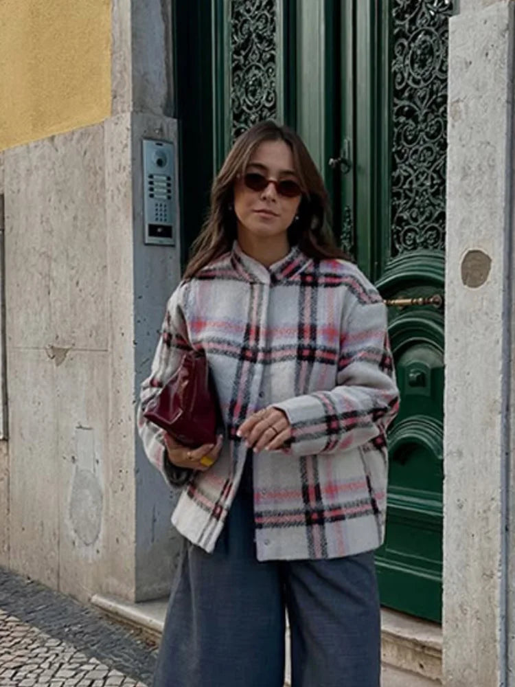 Large Checked Woolen Bomber Coat