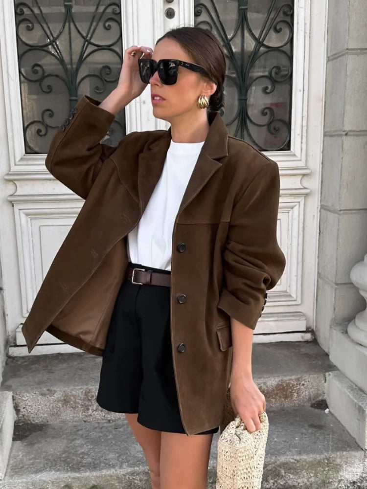 Brown Double Pocket Blazer Mini Coat