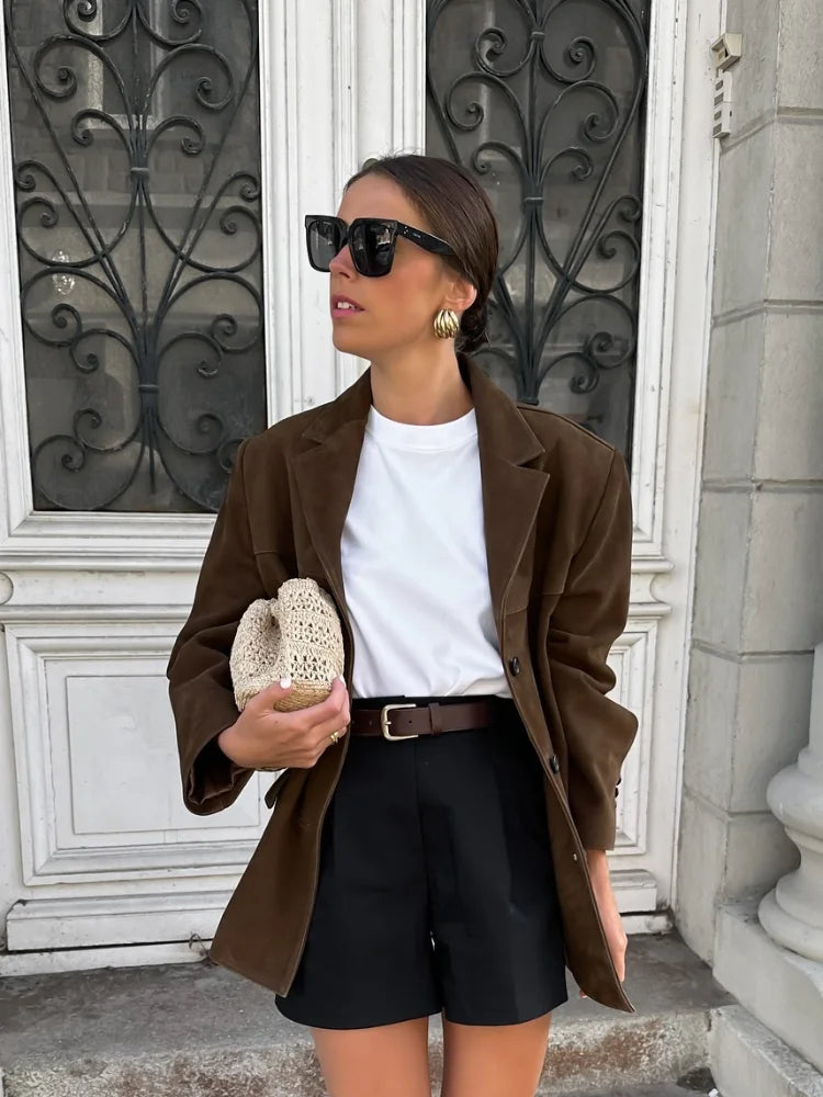 Brown Double Pocket Blazer Mini Coat