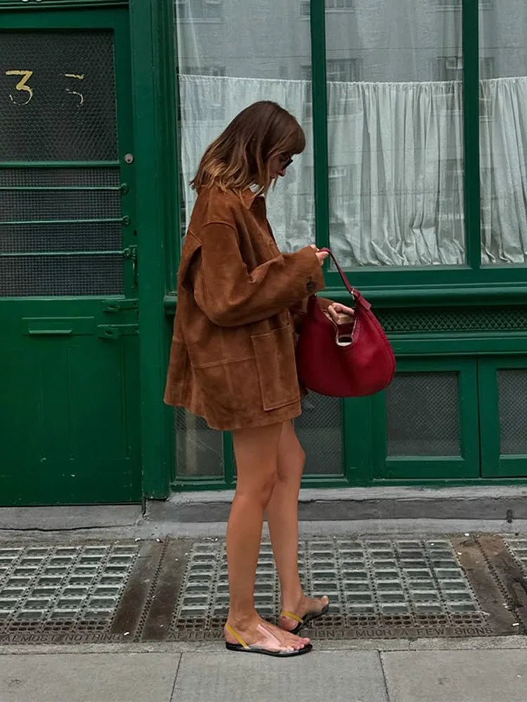 Coffee High Neck Suede Coat