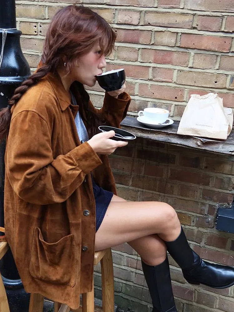 Coffee High Neck Suede Coat