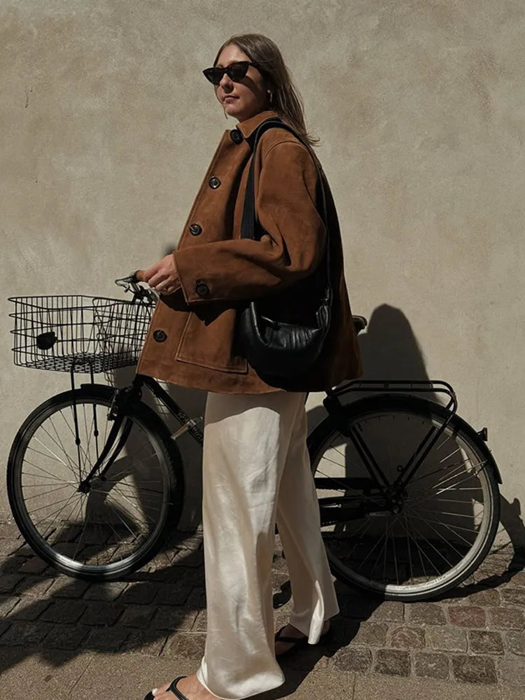 Coffee High Neck Suede Coat