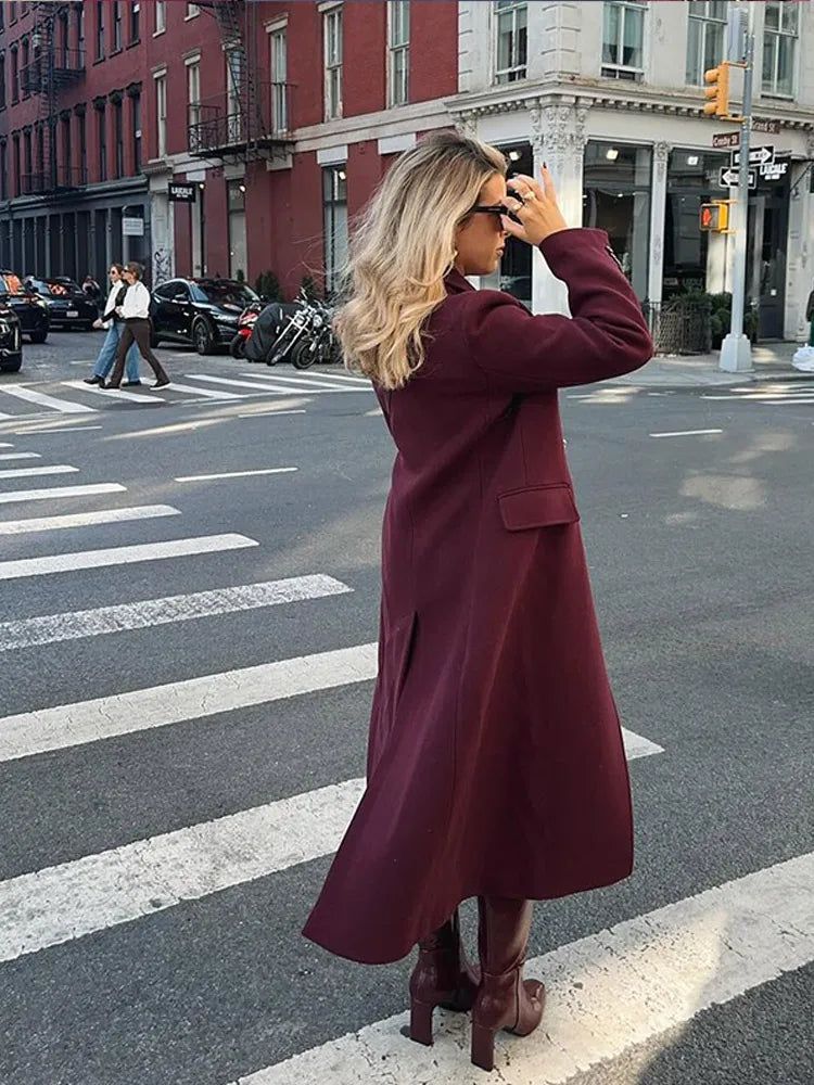 Burgundy Lapel Wool Blend Long Coat