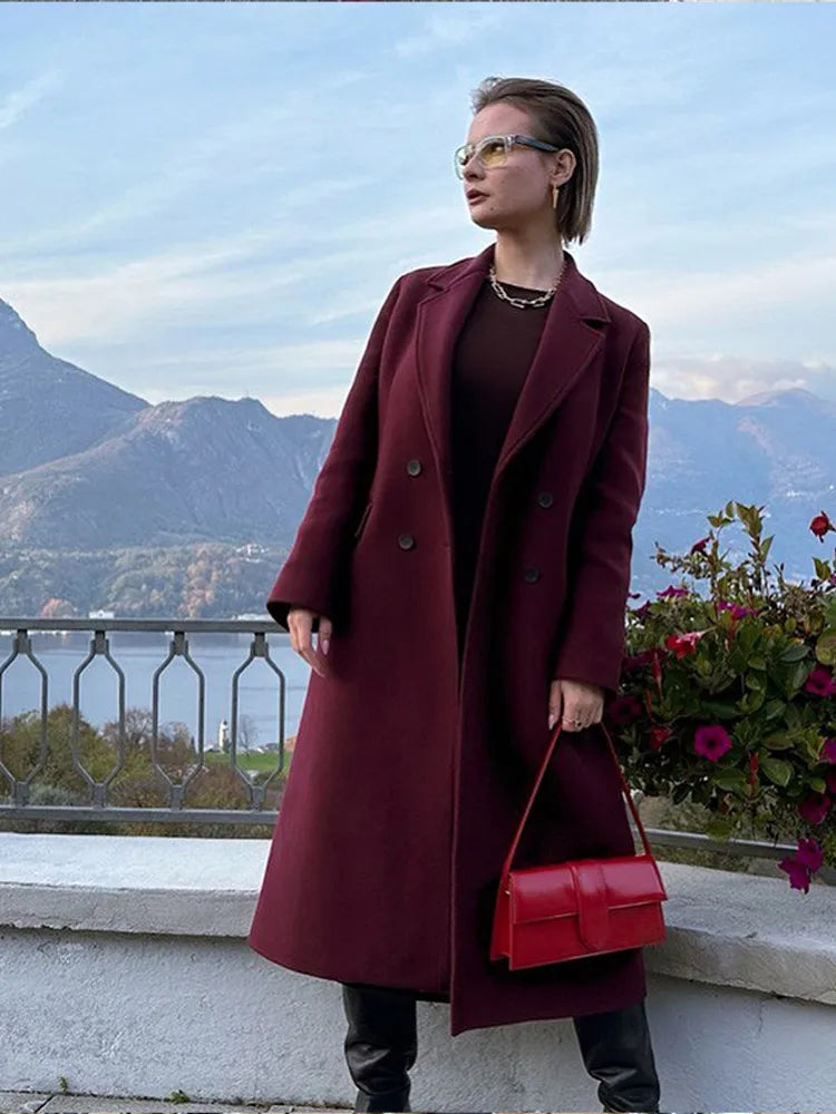 Burgundy Lapel Wool Blend Long Coat