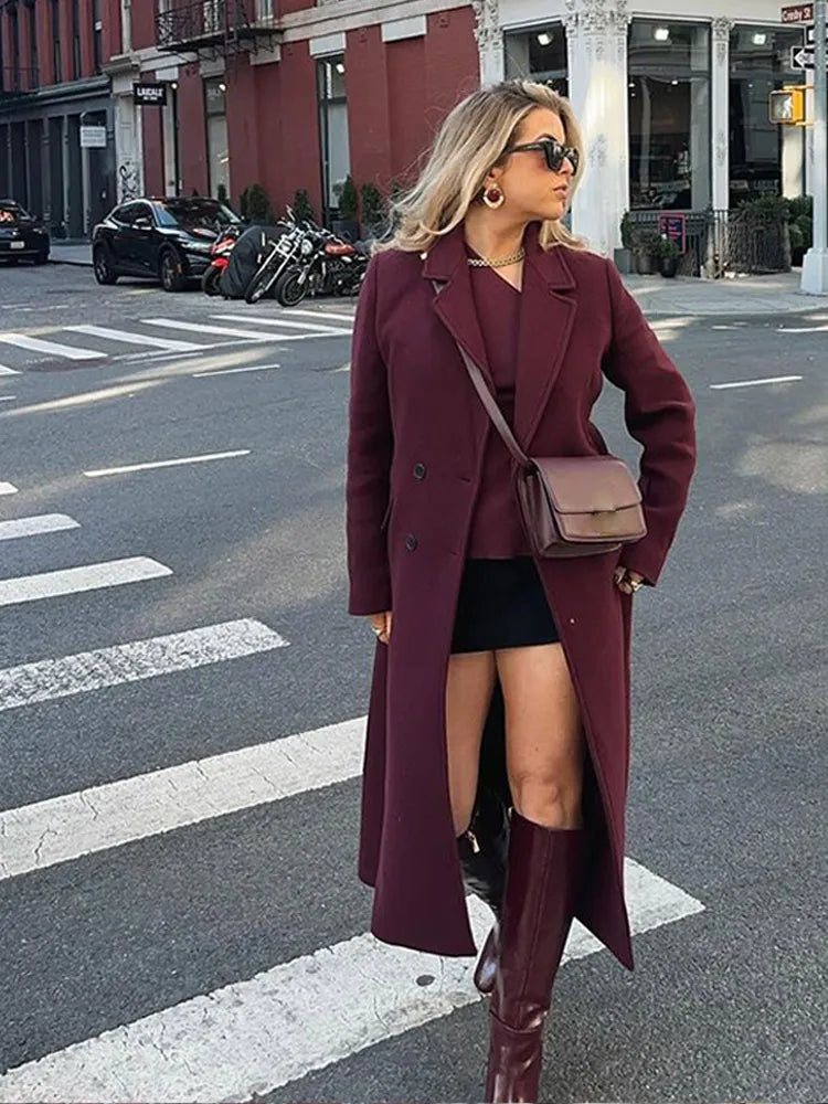 Burgundy Lapel Wool Blend Long Coat
