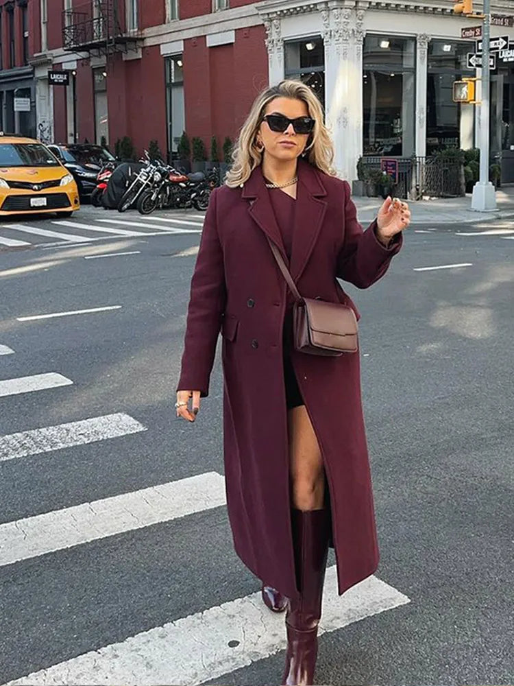 Burgundy Lapel Wool Blend Long Coat