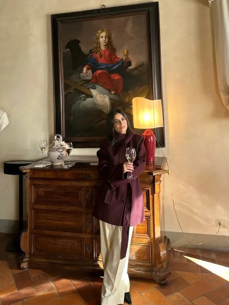 Wine Red Wool Blend Midi Coat