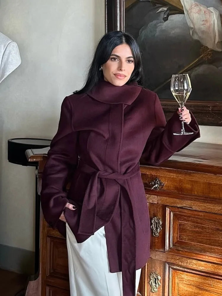 Wine Red Wool Blend Midi Coat