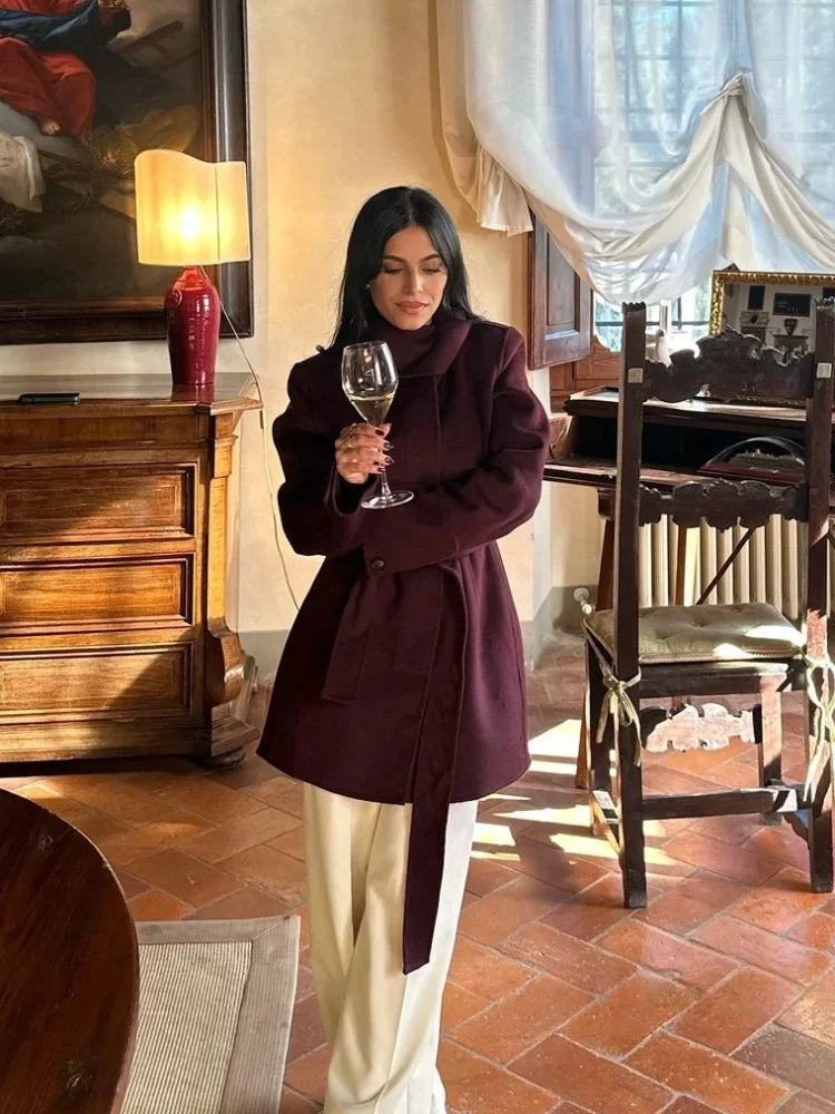 Wine Red Wool Blend Midi Coat