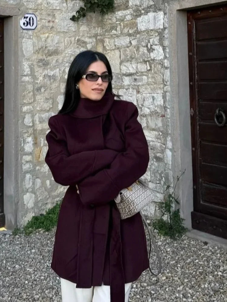 Wine Red Wool Blend Midi Coat