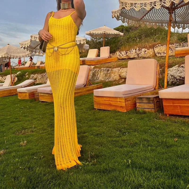 See Through Yellow V Neck Sleeveless Backless Maxi Dress