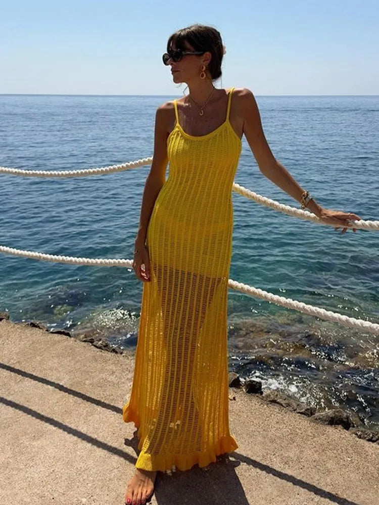 See Through Yellow V Neck Sleeveless Backless Maxi Dress