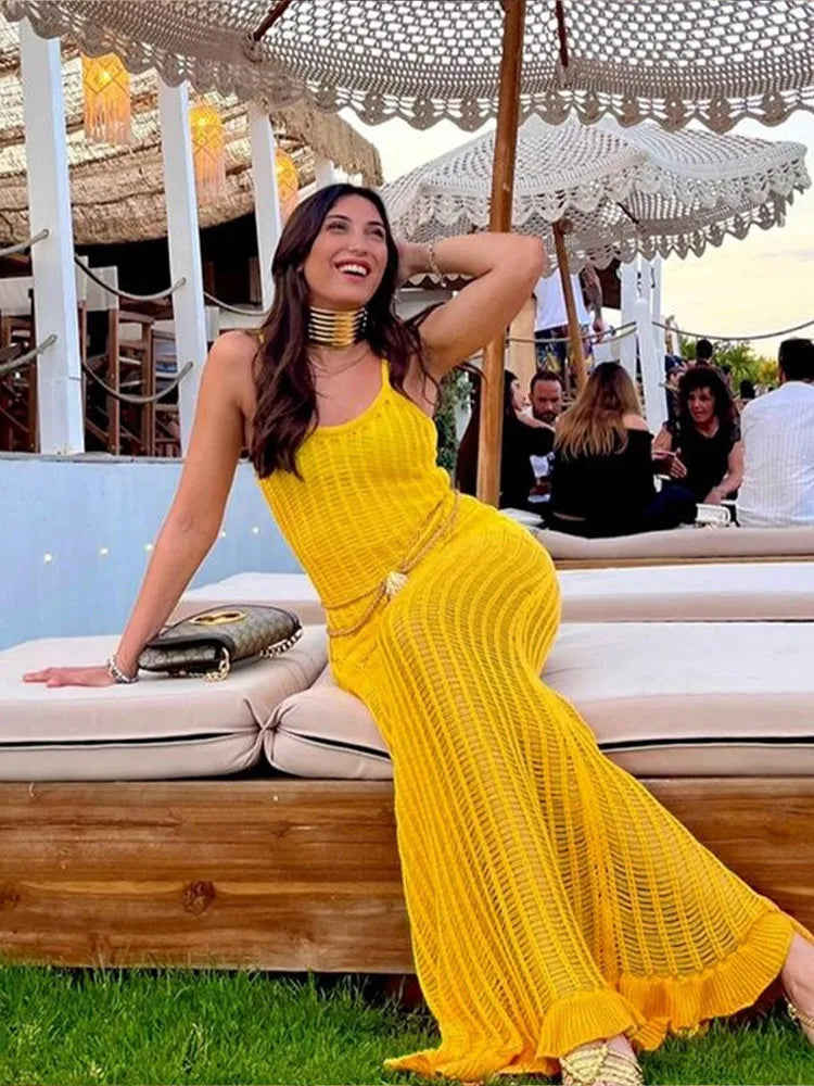 See Through Yellow V Neck Sleeveless Backless Maxi Dress