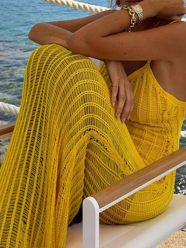 See Through Yellow V Neck Sleeveless Backless Maxi Dress