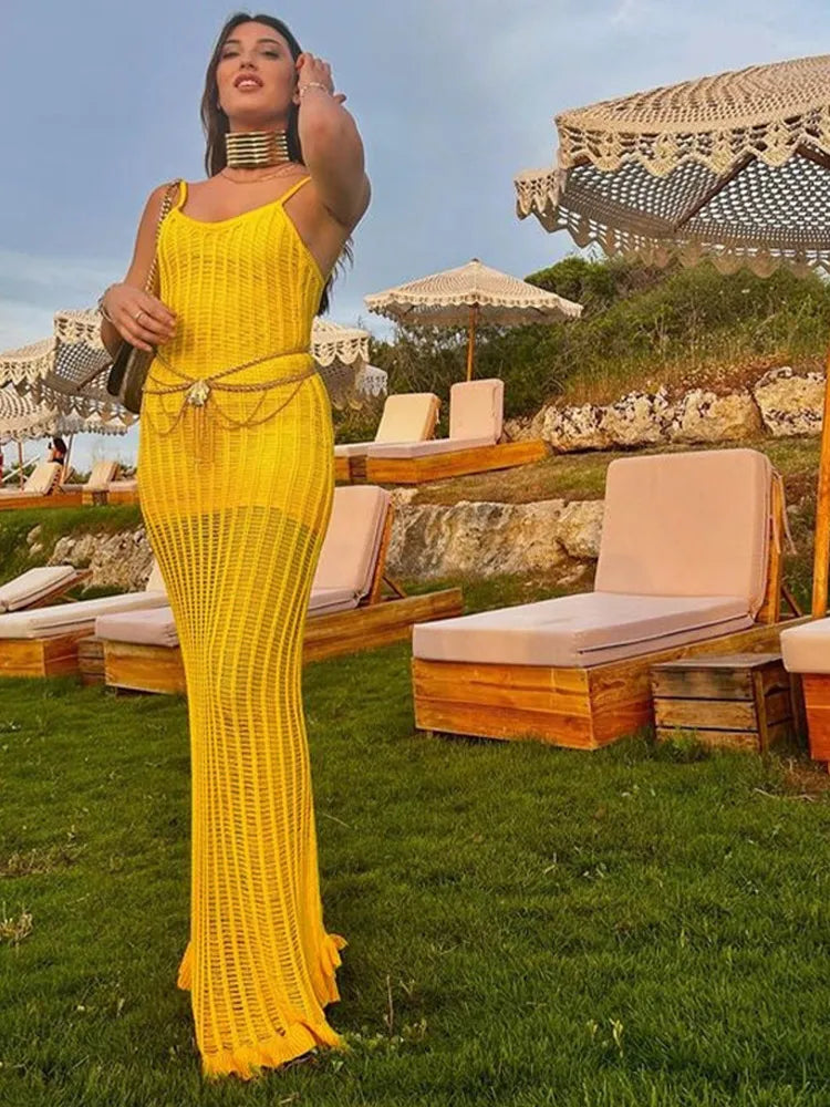 See Through Yellow V Neck Sleeveless Backless Maxi Dress