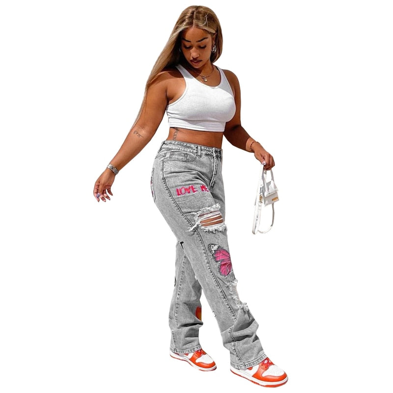 Heart Cutout Ripped High Waist Baggy Jean