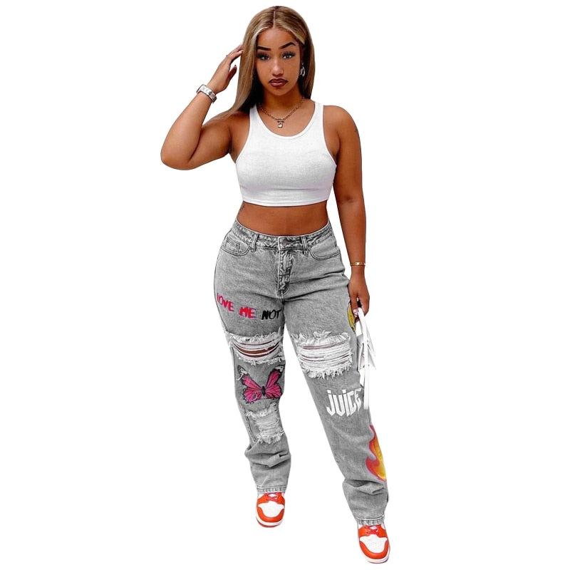 Heart Cutout Ripped High Waist Baggy Jean