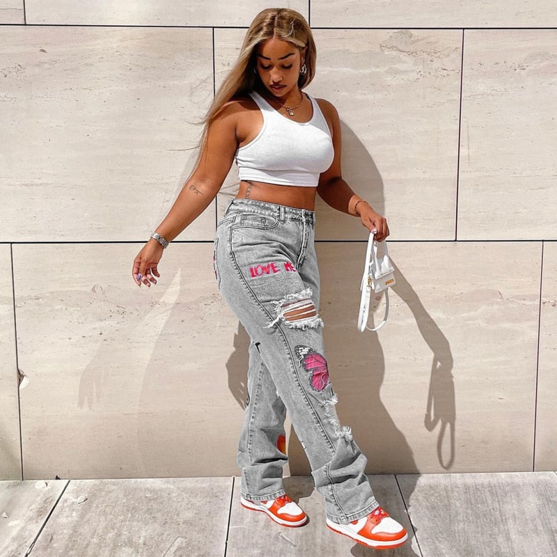 Heart Cutout Ripped High Waist Baggy Jean