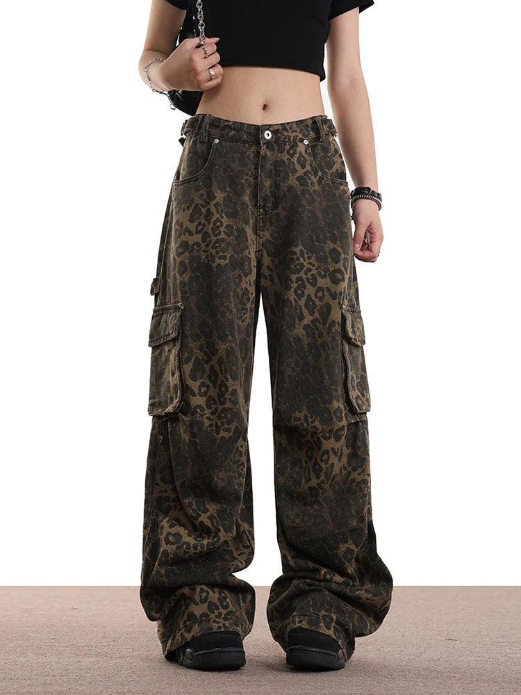 Leopard Pocket High Waist Wide Leg Jean
