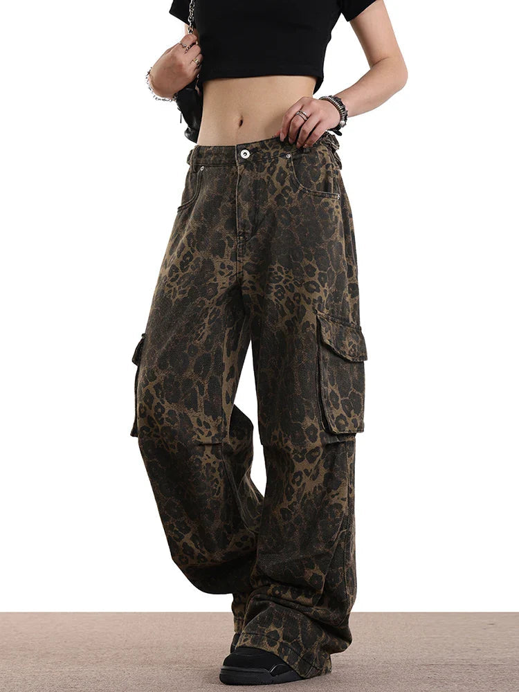 Leopard Pocket High Waist Wide Leg Jean
