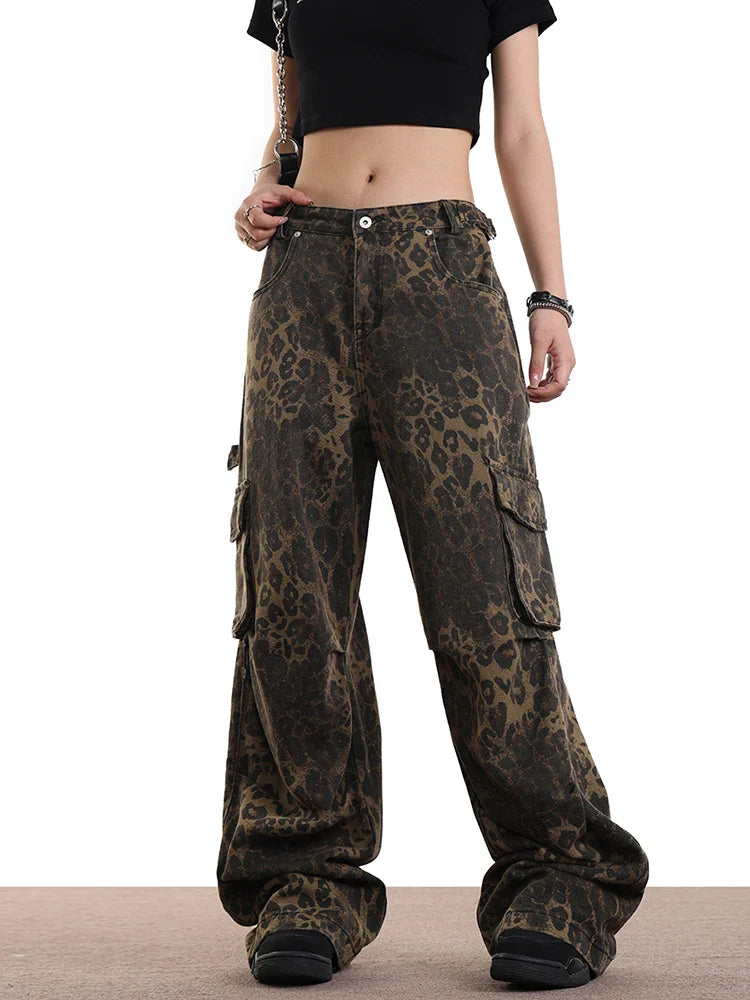 Leopard Pocket High Waist Wide Leg Jean