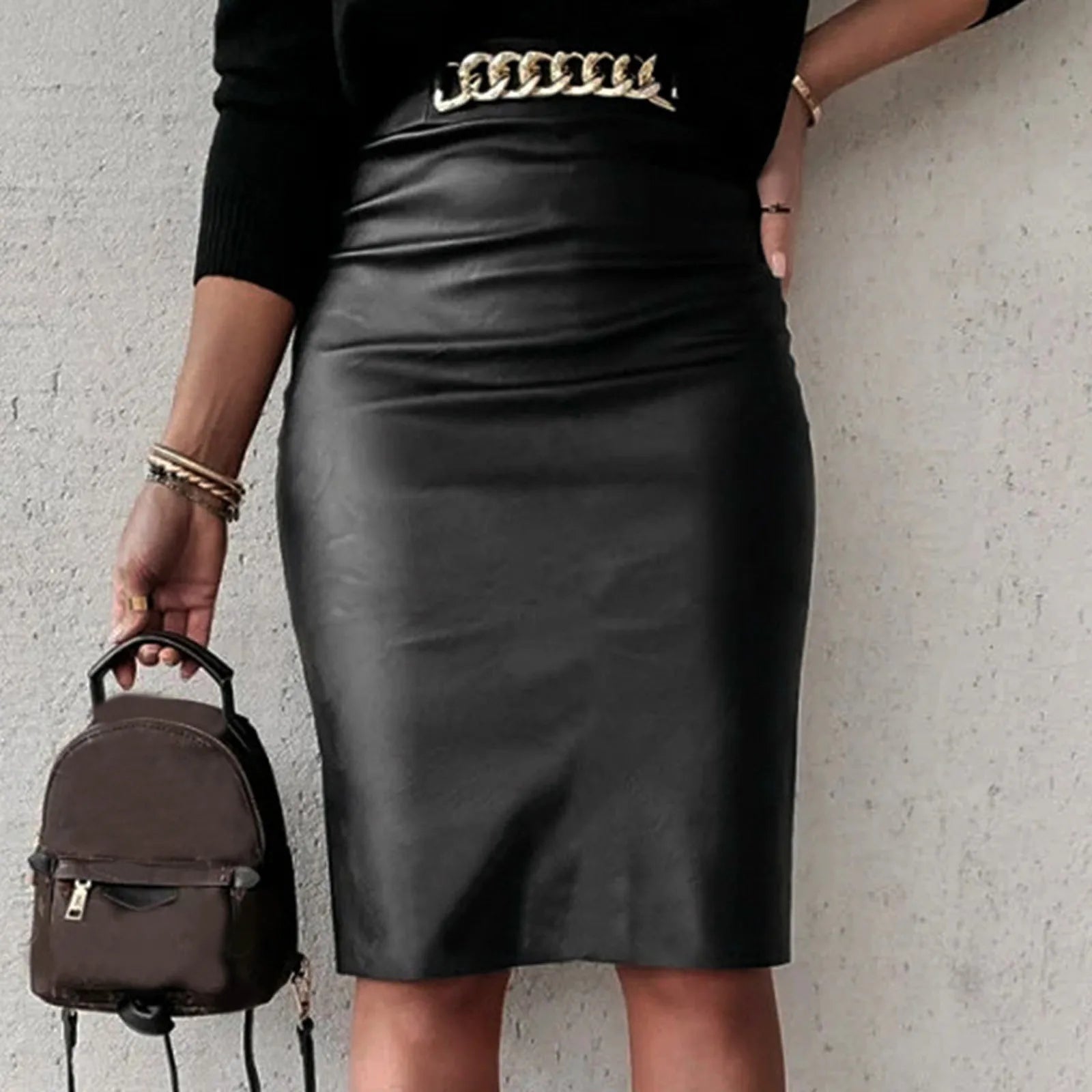 PU Leather Knee-length Package Hip Skirt